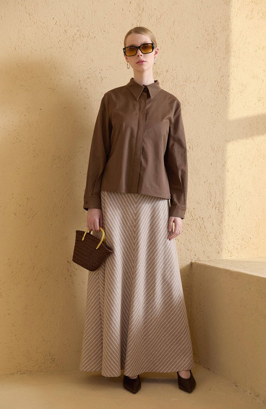 Çizgili Sütlü Kahve Keten Etek - Fatma Atasoy