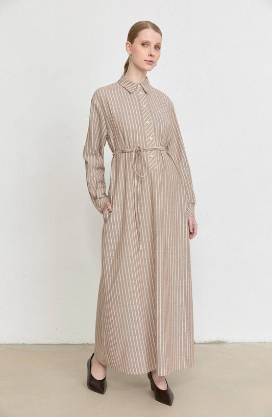 Çizgili Sütlü Kahve Keten Gömlek Elbise - Fatma Atasoy