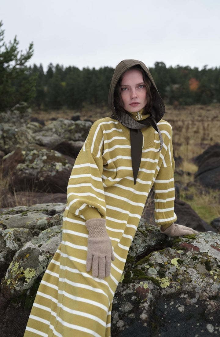 Çizgili Yağ Yeşili Triko Elbise - Fatma Atasoy