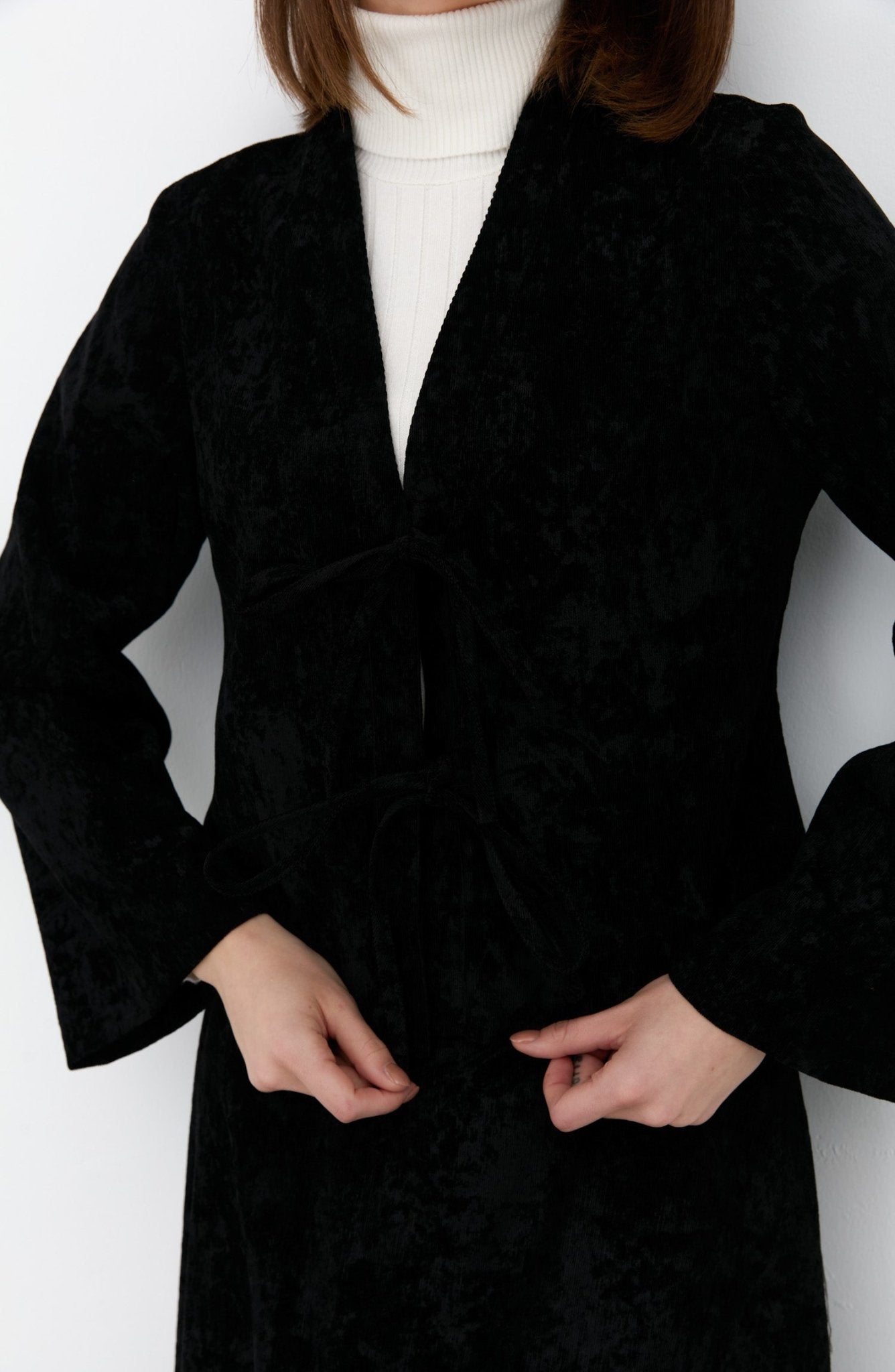 Crach Kadife Bağlamalı Siyah Kimono - Fatma Atasoy