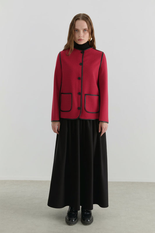 Deri Biyeli Bordo Midi Ceket - Fatma Atasoy