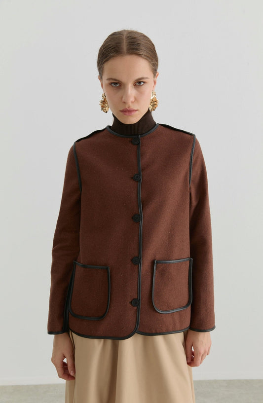 Deri Biyeli Çikolata Kahve Midi Ceket - Fatma Atasoy