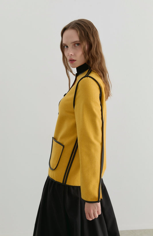 Deri Biyeli Sarı Midi Ceket - Fatma Atasoy