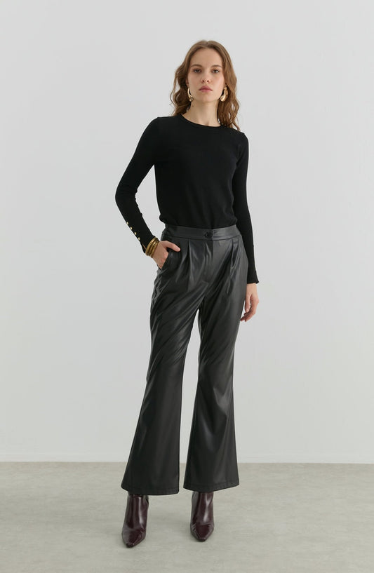 Deri Siyah İspanyol Paça Pantolon - Fatma Atasoy