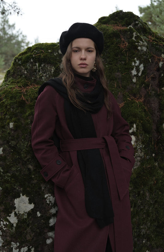 Dik Yaka Bordo Kaşmir Kaban - Fatma Atasoy