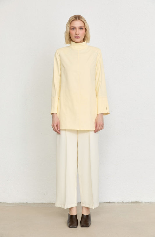 Dik Yaka Butter Sarı Basic Pamuk Tunik Gömlek - Fatma Atasoy