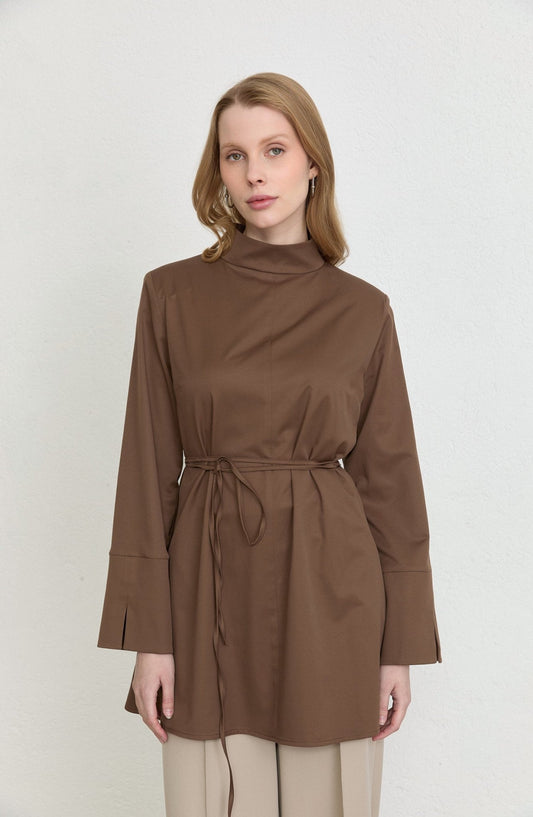 Dik Yaka Kahverengi Basic Pamuk Tunik Gömlek - Fatma Atasoy