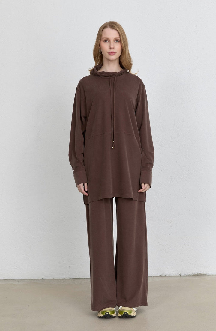 Dik Yaka Kahverengi Soft Touch Viskon İkili Takım - Fatma Atasoy