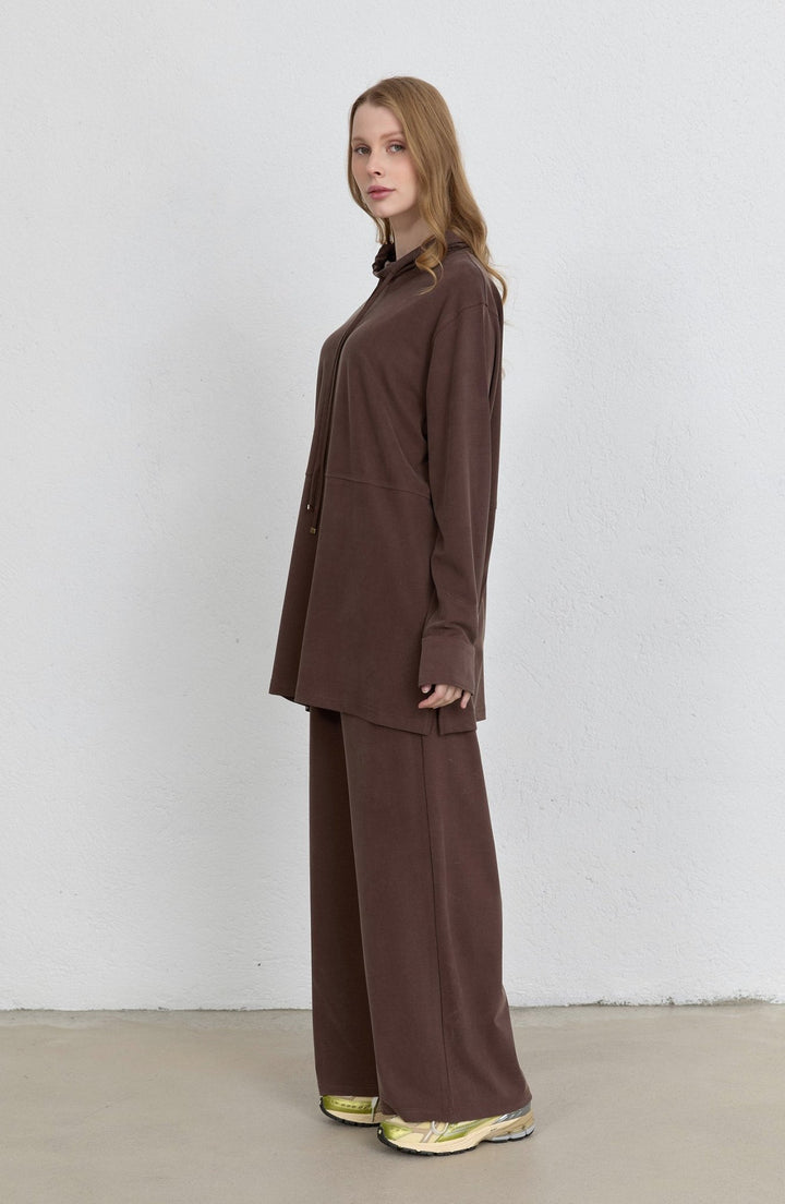 Dik Yaka Kahverengi Soft Touch Viskon İkili Takım - Fatma Atasoy