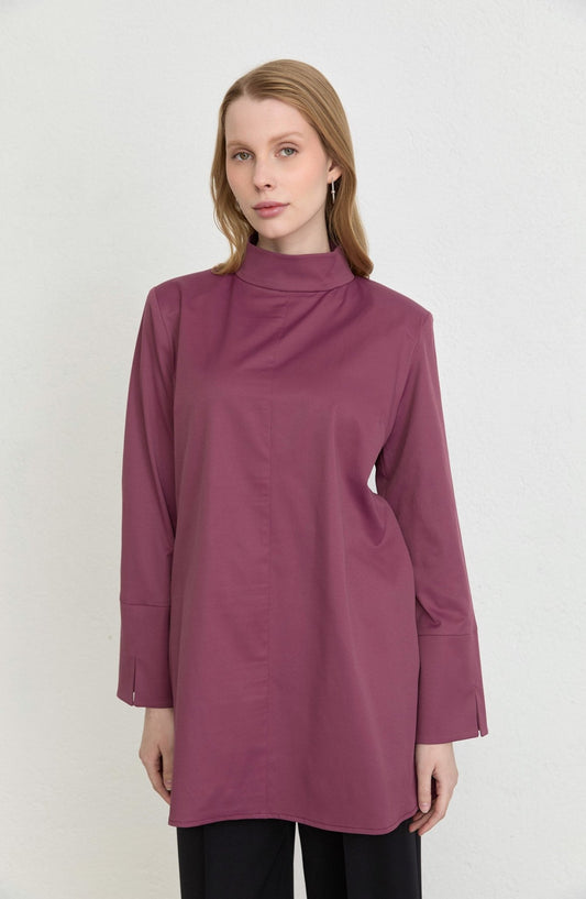 Dik Yaka Mürdüm Basic Pamuk Tunik Gömlek - Fatma Atasoy