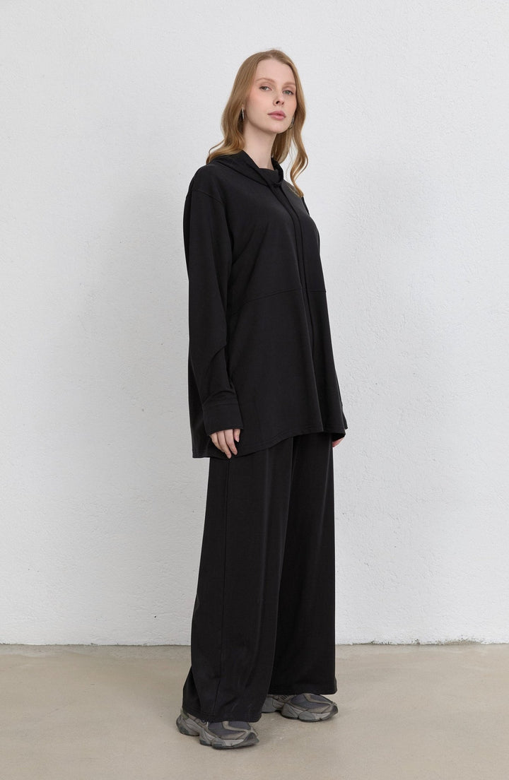 Dik Yaka Siyah Soft Touch Viskon İkili Takım - Fatma Atasoy