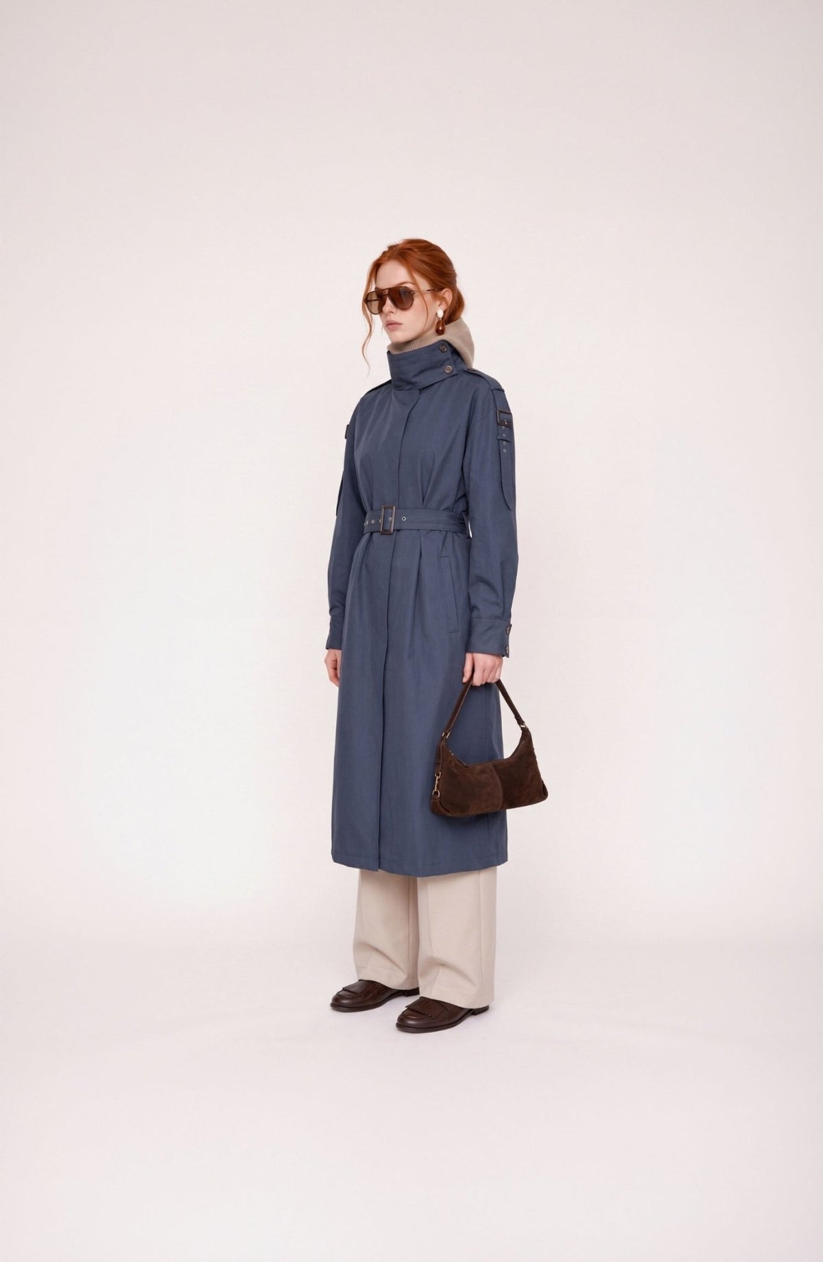 Dik Yaka Toka Kemerli Lacivert Oversize Trençkot - Fatma Atasoy
