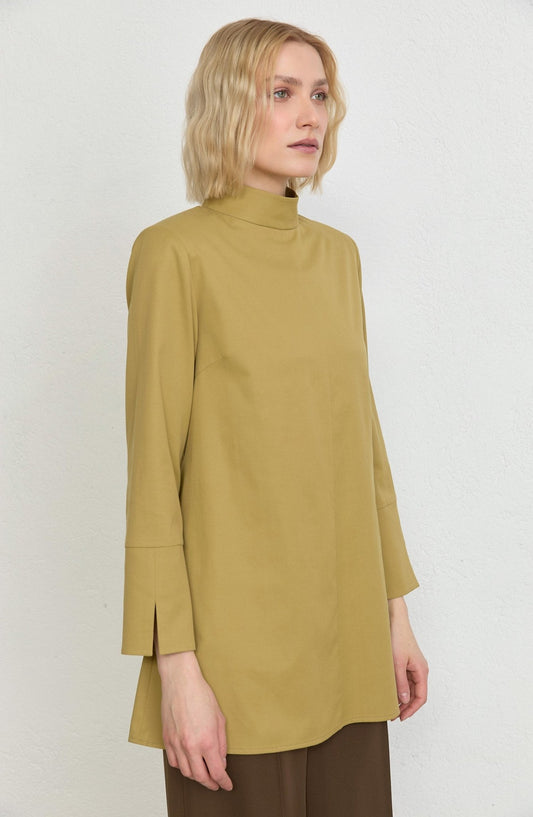 Dik Yaka Yağ Yeşili Basic Pamuk Tunik Gömlek - Fatma Atasoy