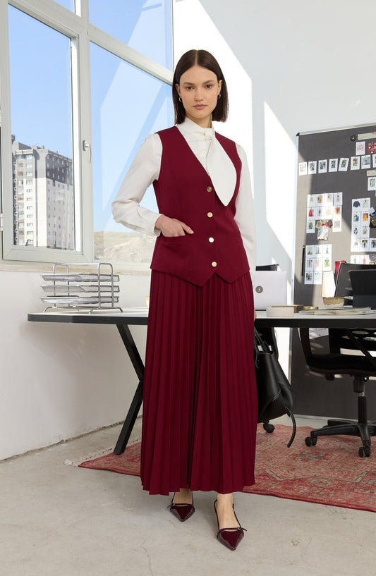 Double Bordo Pilise Etek - Fatma Atasoy