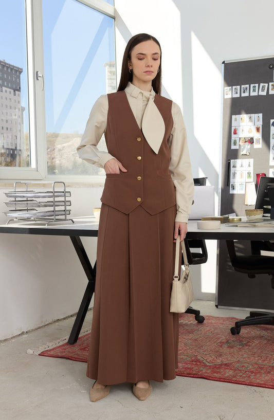 Double Çikolata Kahve Çift Pile Etek - Fatma Atasoy