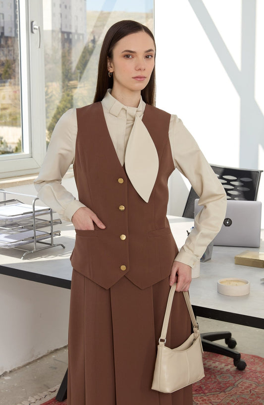 Double Çikolata Kahve Midi Yelek - Fatma Atasoy