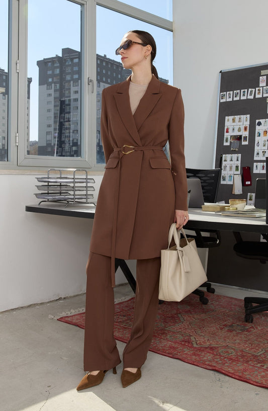 Double Çikolata Kahve Palazzo Tek Ceket - Fatma Atasoy