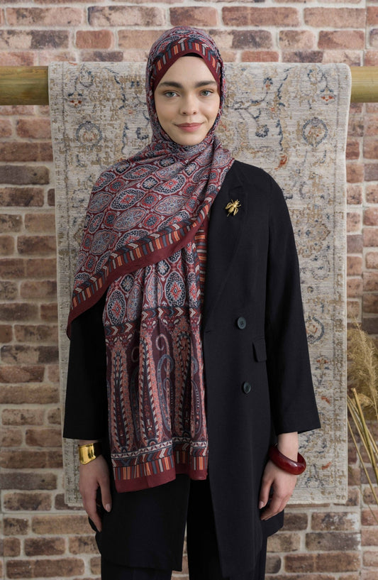 Eastern Desenli Bordo Crash Şal - Fatma Atasoy