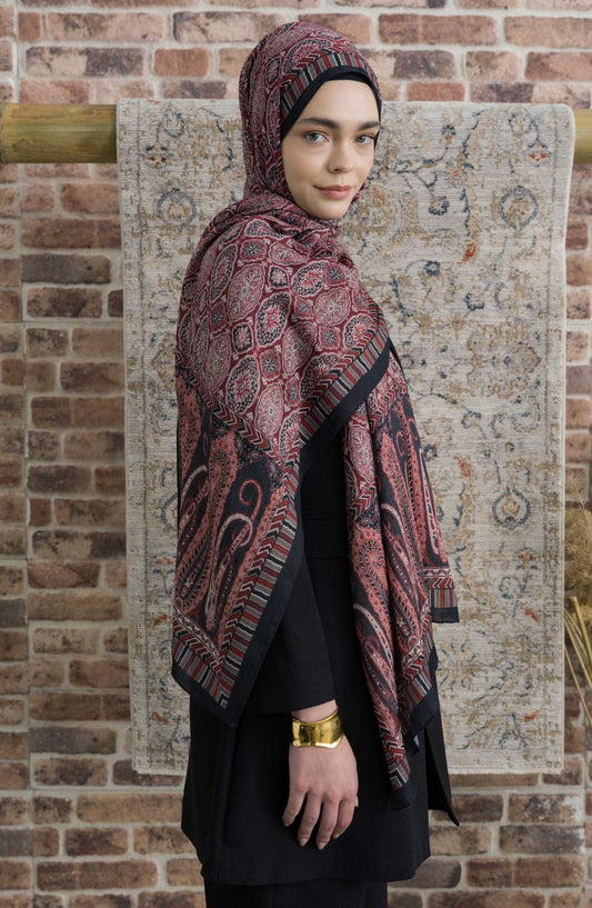Eastern Desenli Siyah Bordo Crash Şal - Fatma Atasoy