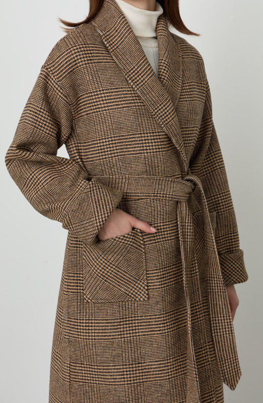 Ekose Bağlamalı Sütlü Kahve Kaban - Fatma Atasoy