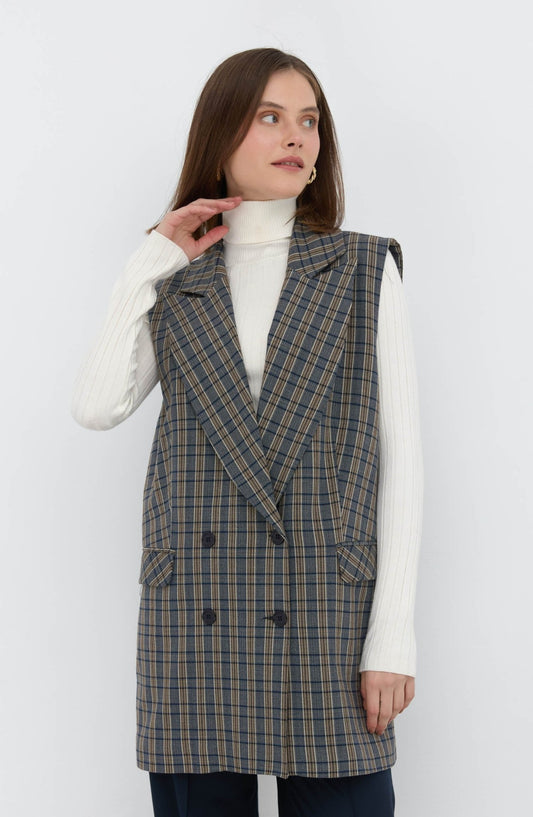 Ekose Dad Lacivert Yelek - Fatma Atasoy