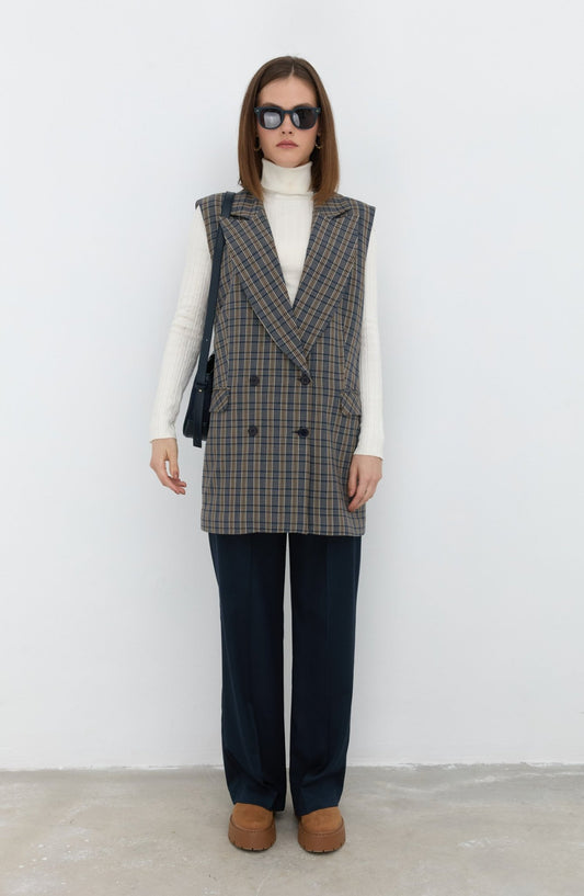 Ekose Dad Lacivert Yelek - Fatma Atasoy