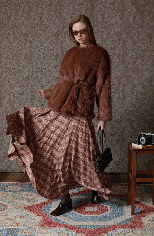 Ekose Kahverengi Parçalı Etek - Fatma Atasoy