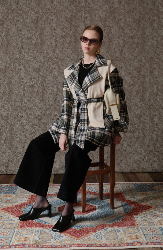 Ekose Kaşe Bağlamalı Haki Midi Ceket Kaban - Fatma Atasoy