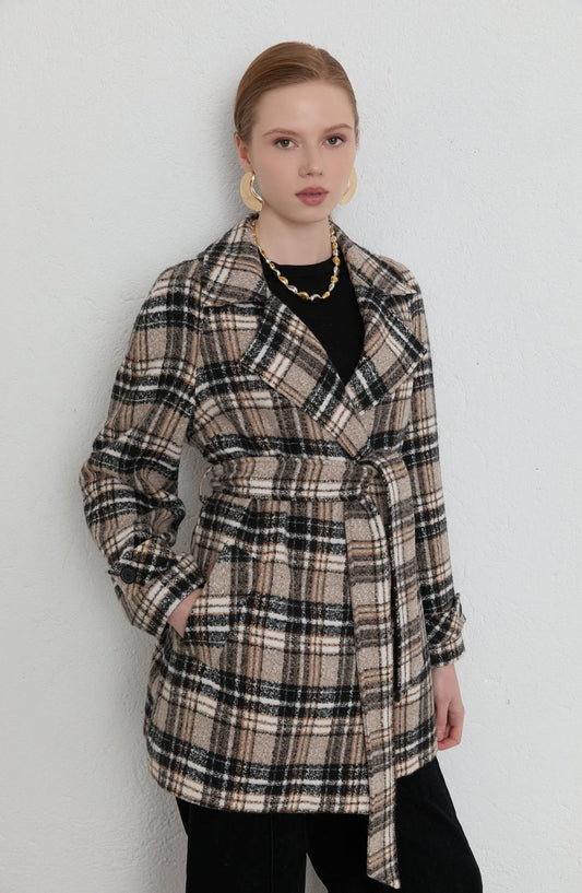 Ekose Kaşe Bağlamalı Taş Midi Ceket Kaban - Fatma Atasoy