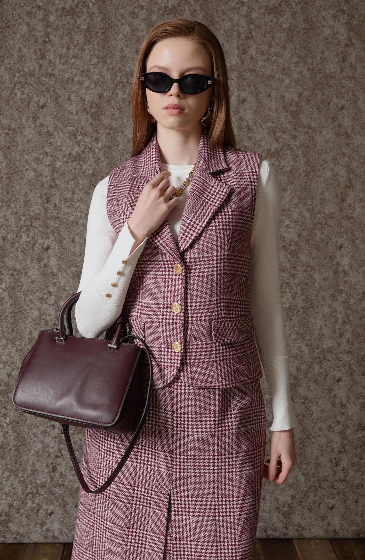 Ekose Kazayağı Blazer Bordo Yelek Etek Takım - Fatma Atasoy