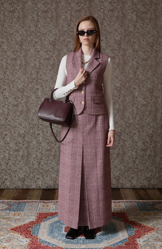 Ekose Kazayağı Blazer Bordo Yelek Etek Takım - Fatma Atasoy