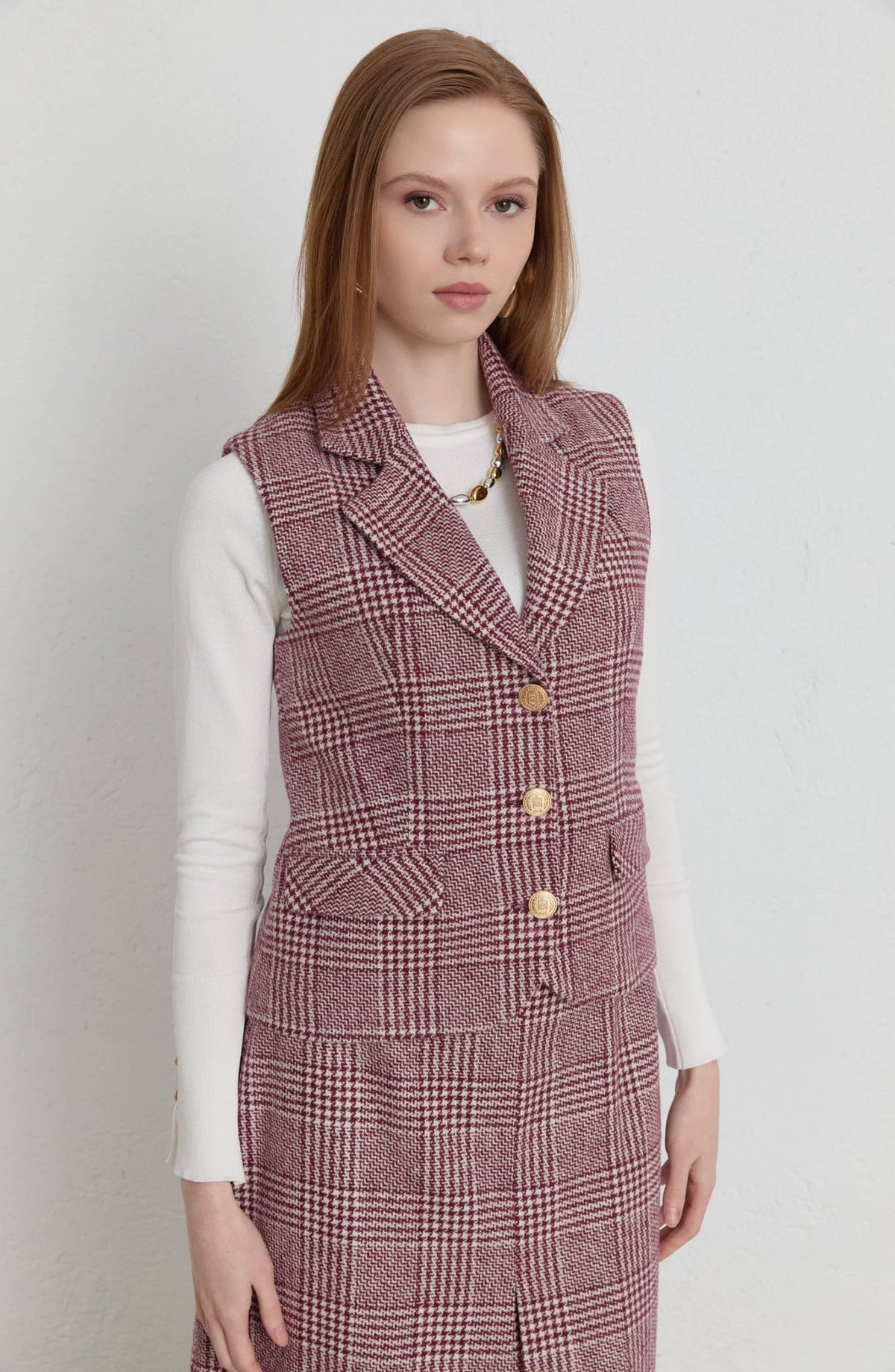 Ekose Kazayağı Blazer Bordo Yelek Etek Takım - Fatma Atasoy