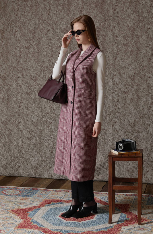 Ekose Kazayağı Bordo Maksi Yelek - Fatma Atasoy