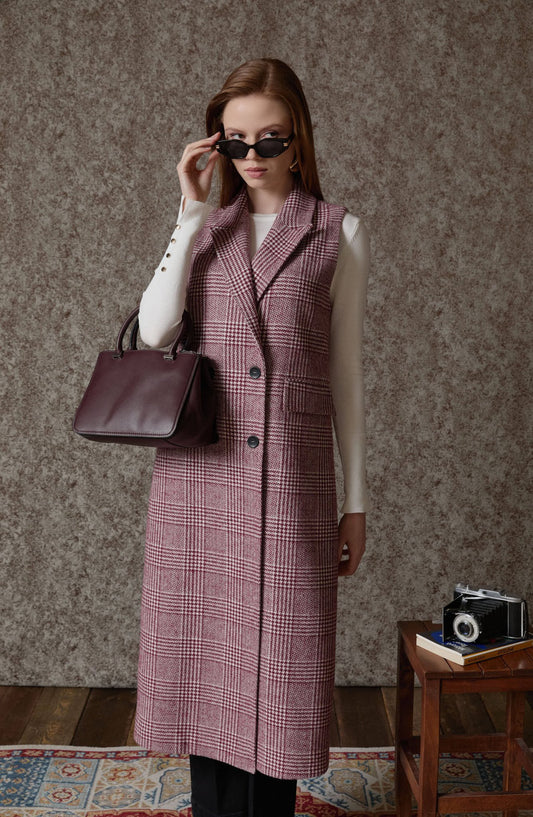 Ekose Kazayağı Bordo Maksi Yelek - Fatma Atasoy