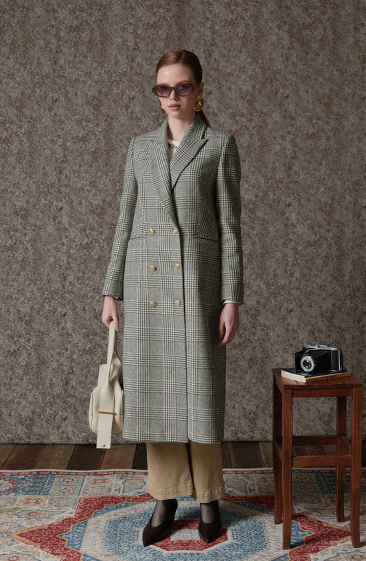 Ekose Kazayağı Haki Blazer Maksi Ceket Kaban - Fatma Atasoy