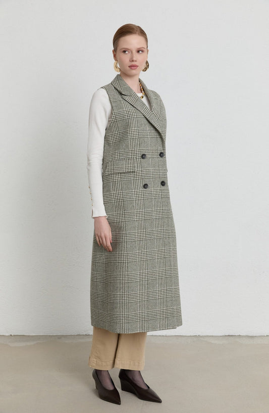 Ekose Kazayağı Haki Maksi Yelek - Fatma Atasoy