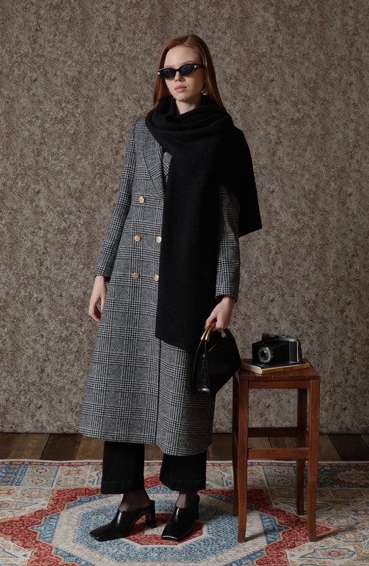 Ekose Kazayağı Siyah Blazer Maksi Ceket Kaban - Fatma Atasoy