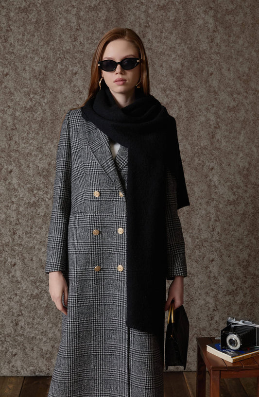 Ekose Kazayağı Siyah Blazer Maksi Ceket Kaban - Fatma Atasoy