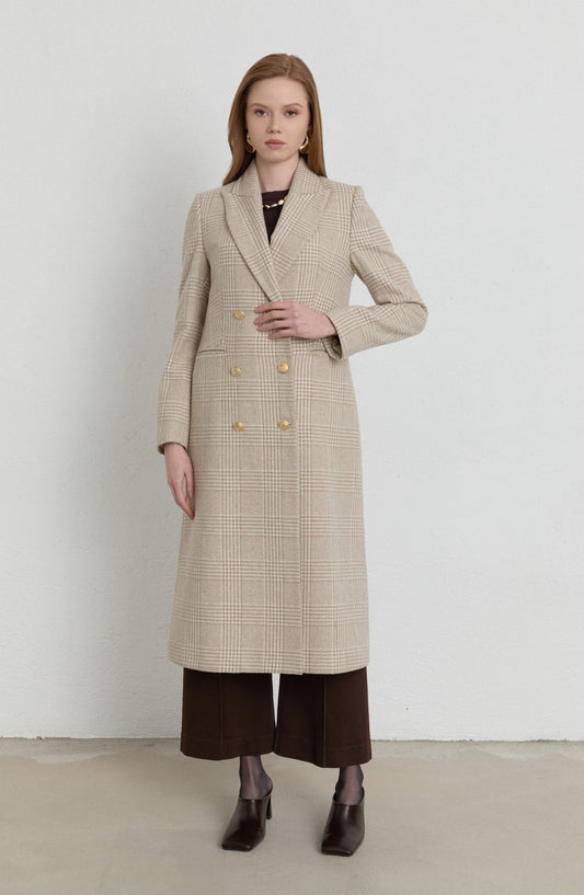 Ekose Kazayağı Taş Blazer Maksi Ceket Kaban - Fatma Atasoy