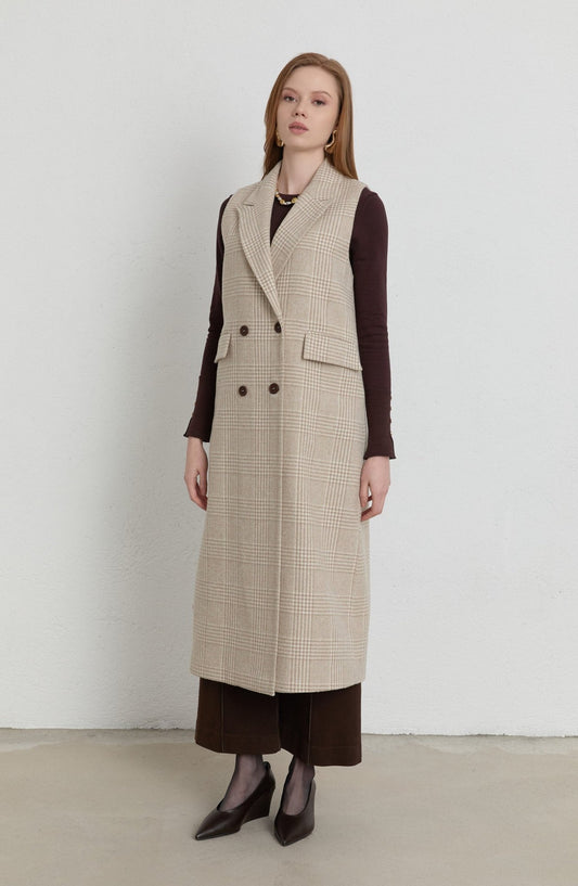 Ekose Kazayağı Taş Maksi Yelek - Fatma Atasoy