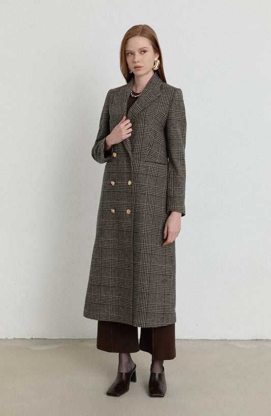 Ekose Kazayağı Vizon Blazer Maksi Ceket Kaban - Fatma Atasoy