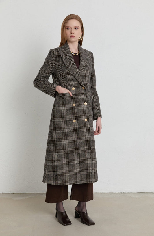 Ekose Kazayağı Vizon Blazer Maksi Ceket Kaban - Fatma Atasoy