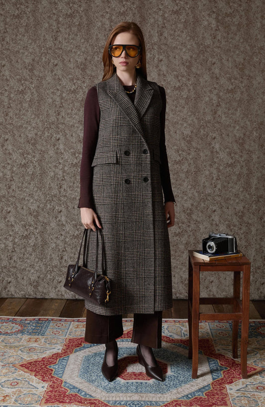 Ekose Kazayağı Vizon Maksi Yelek - Fatma Atasoy