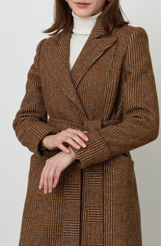 Ekose Kuşaklı Kahverengi Maksi Kaban - Fatma Atasoy