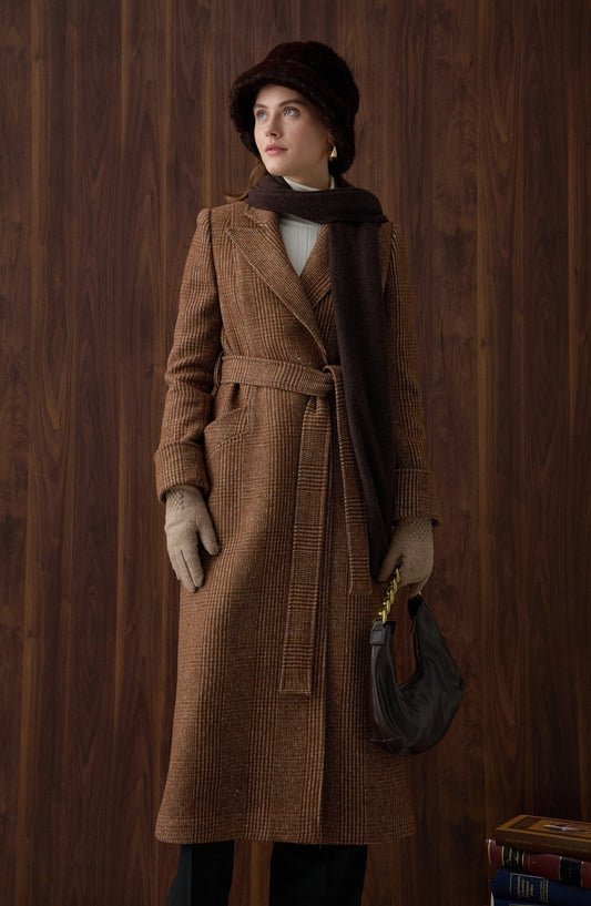 Ekose Kuşaklı Kahverengi Maksi Kaban - Fatma Atasoy