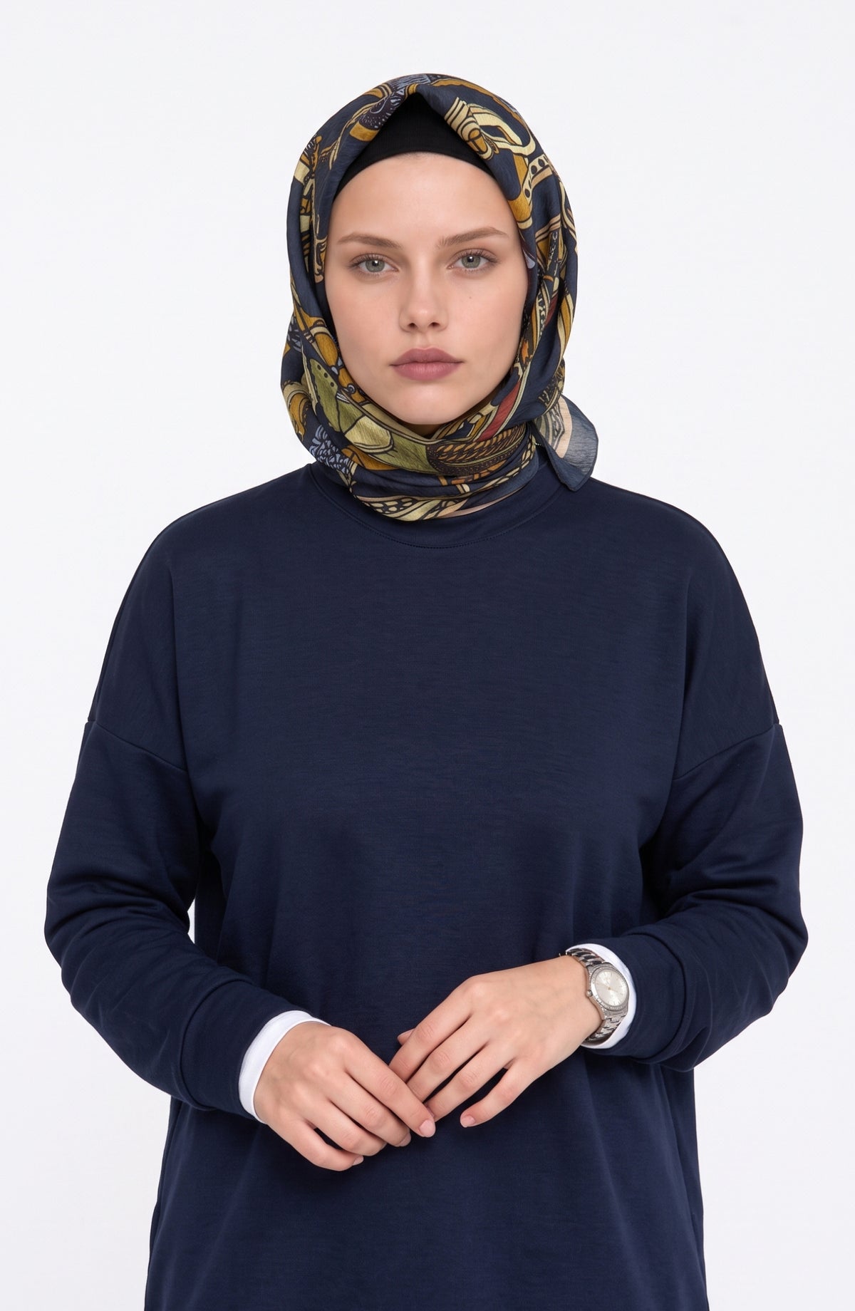 Mirasya Desenli Lacivert Eşarp