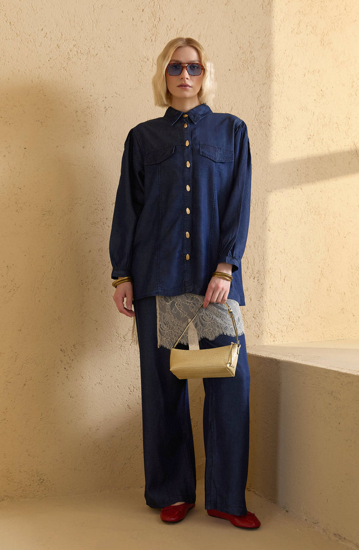 Gold Düğmeli Lacivert Soft Touch Pamuk Kot İkili Takım