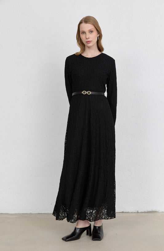 Kemerli Siyah Dantel Elbise