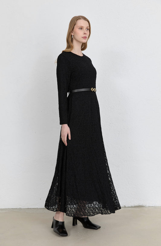 Kemerli Siyah Dantel Elbise