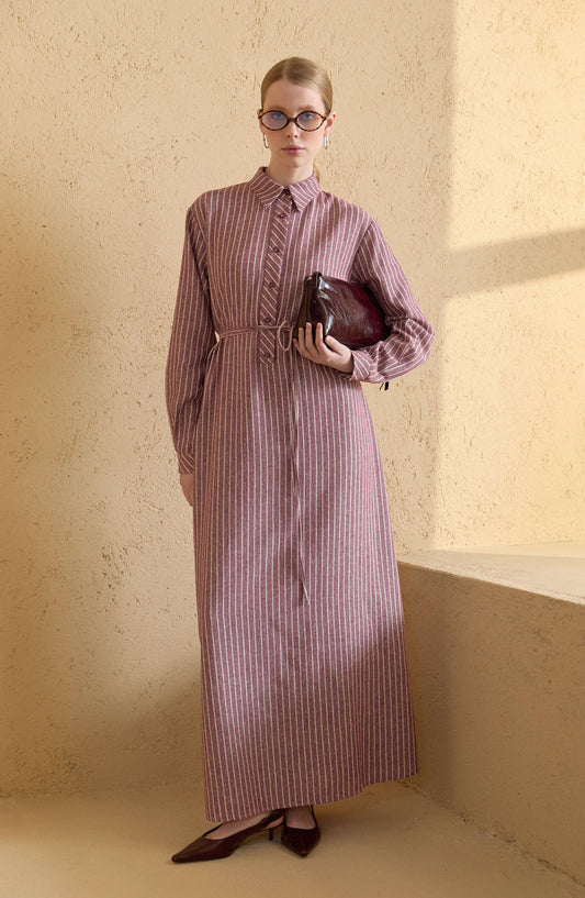 Çizgili Bordo Keten Gömlek Elbise